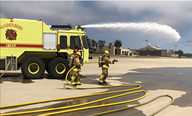 Firefighters operating a large airport fire truck.