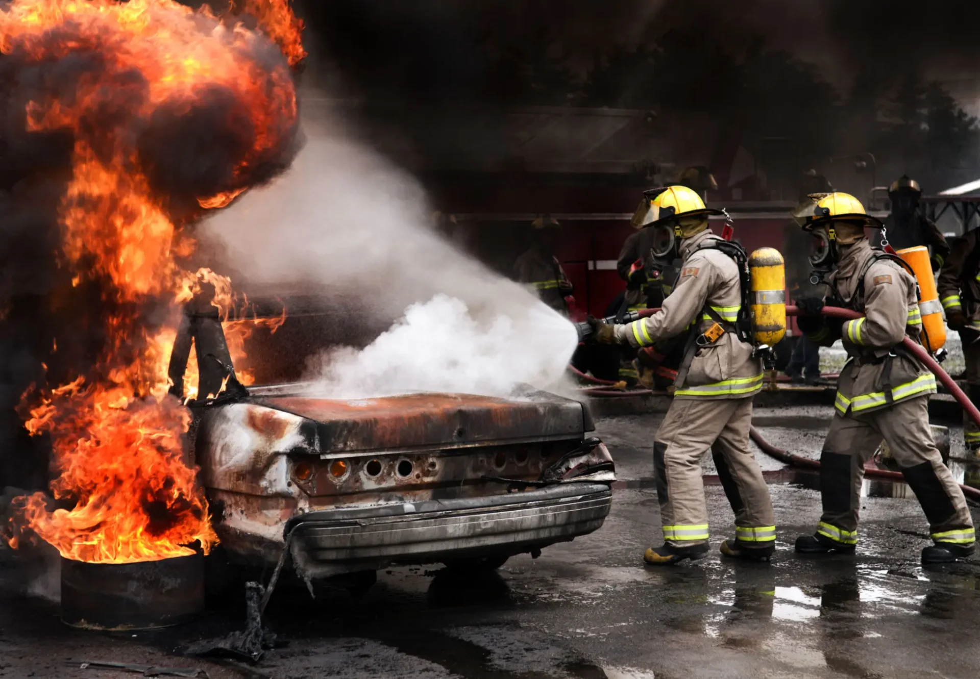 Firefighters extinguishing a burning car blaze.